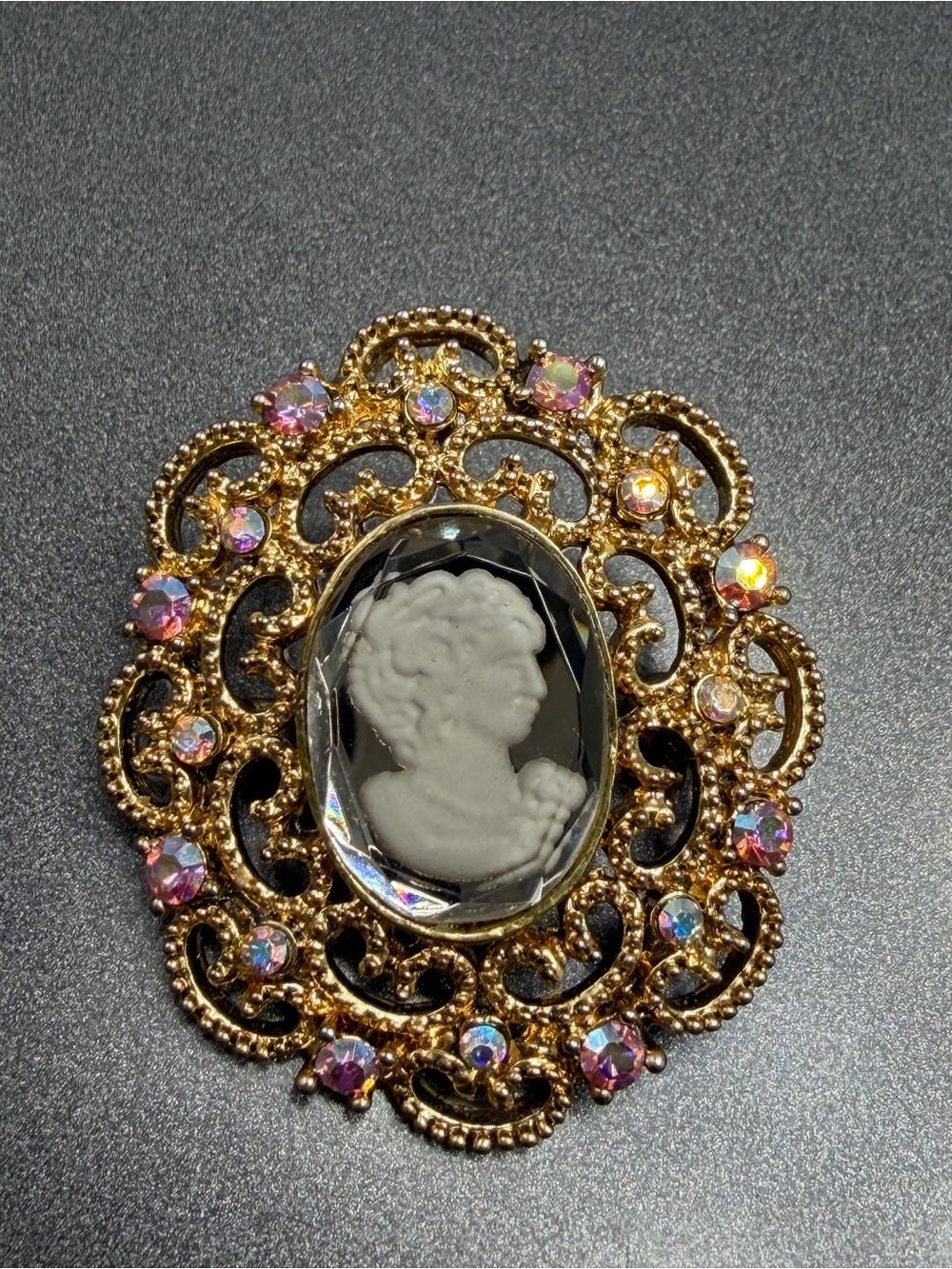 Vintage Gold Cameo Brooch with Pink Aurora Borealis Accents #1CAM